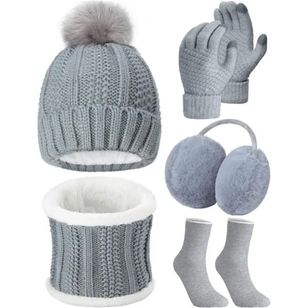 5 Pieces Women Winter Warm Set Knit Beanie Hat Scarf Touchscreen Gloves